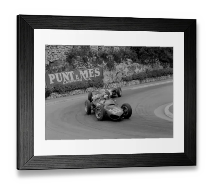 Framed Print : Ferrari 156 Sharknose, Phil Hill leads Richie Ginther through hairpin, 1961 Monaco
