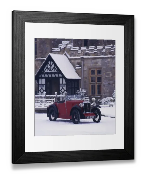 Framed Print : 1930 MG M type in snow at Palace House, Beaulieu Framed Print : 1930 MG M type in snow at Palace House, Beaulieu