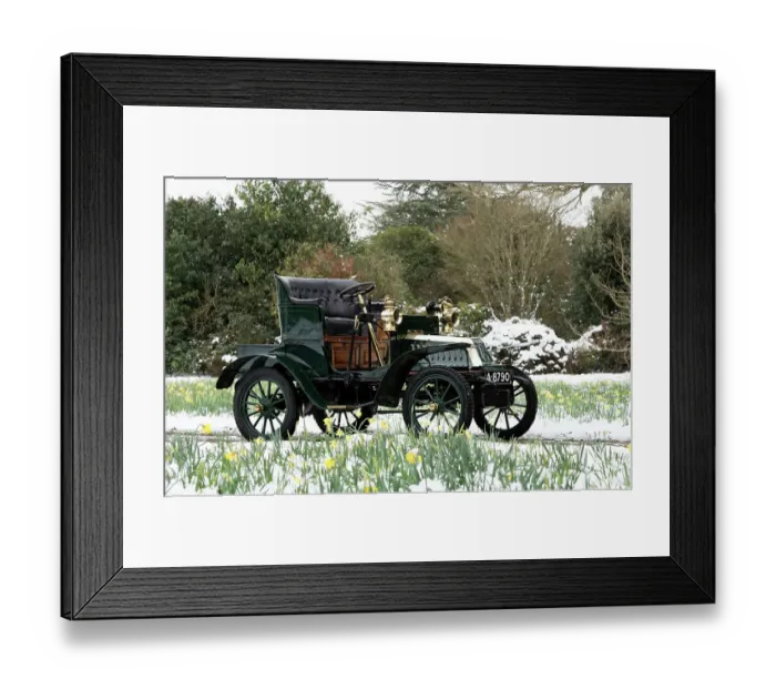 Framed Print : 1904 De Dion Bouton Model Q in snow at Beaulieu Framed Print : 1904 De Dion Bouton Model Q in snow at Beaulieu