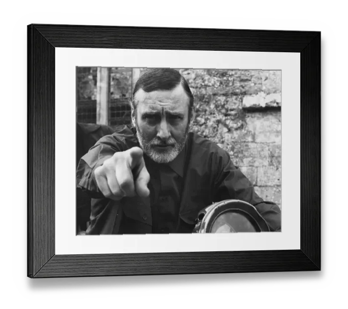 Framed Print : Spike Milligan on motorcycle during visit to Beaulieu 1968