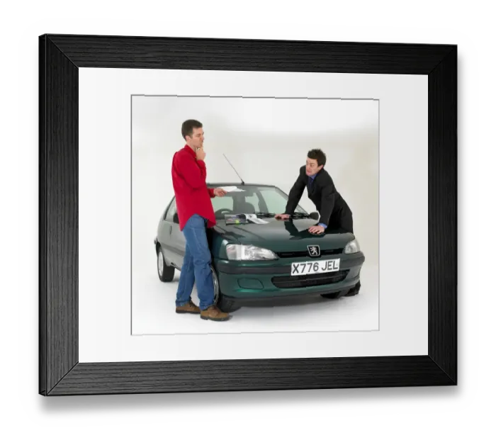 Framed Print : Car salesman selling to unimpressed customer