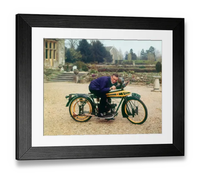 Framed Print : Spike Milligan on 1920 Wooler motorcycle Framed Print : Spike Milligan on 1920 Wooler motorcycle