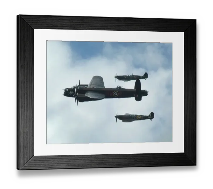Framed Print : 2011 Goodwood Revival Lancaster bomber and 2 Spitfires in aerial display