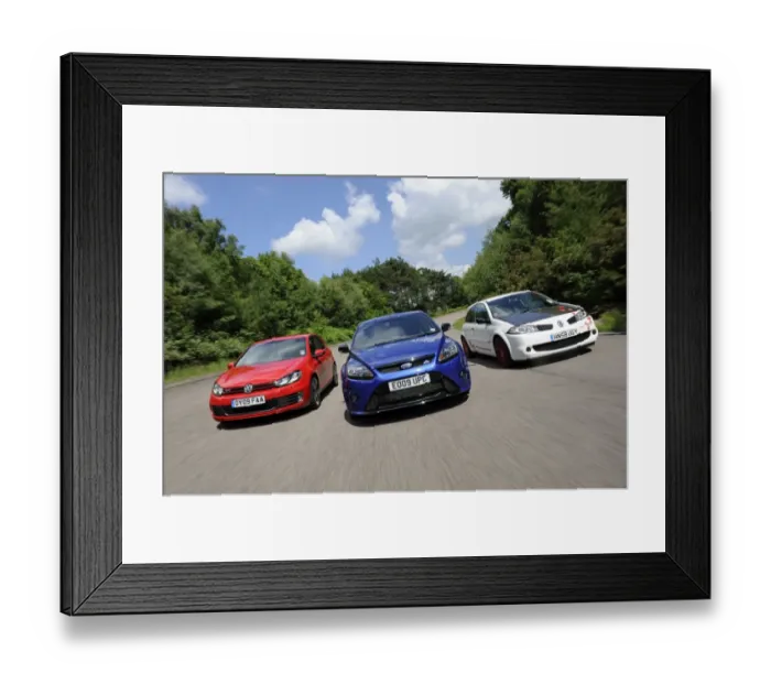 Framed Print : VW Golf GTi Renault Megane and Ford Focus RS Framed Print : VW Golf GTi Renault Megane and Ford Focus RS