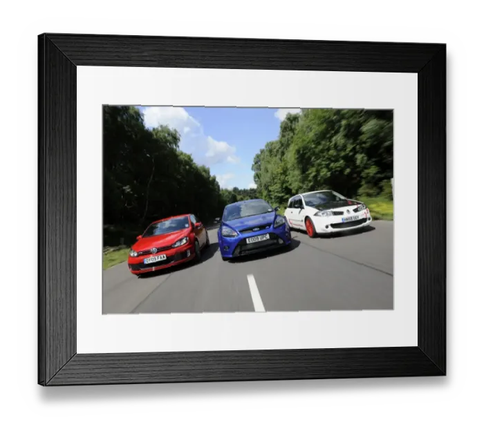 Framed Print : VW Golf GTi Renault Megane and Ford Focus RS Framed Print : VW Golf GTi Renault Megane and Ford Focus RS