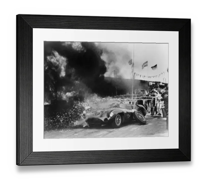 Framed Print : Aston Martin DBR1 on fire in pits during 1959 TT at Goodwood, Moss-Salvadori drivers