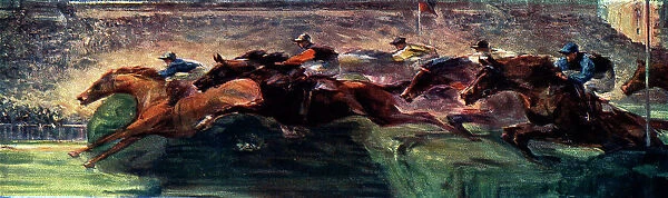 Auteuil. Oil painting showing a bunch of racehorses jumping over an obstacle