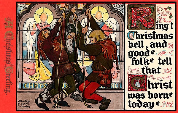 Christmas postcard depicting 3 medaeval bell ringers heralding Christmas