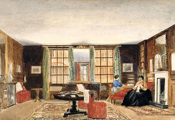 A drawing room with two seated women