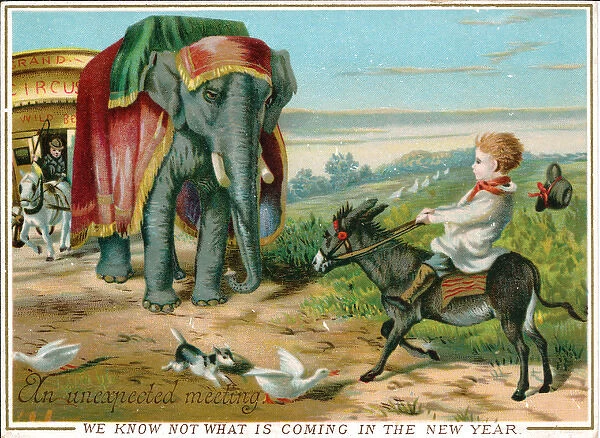 Elephant and circus arriving on a New Year card