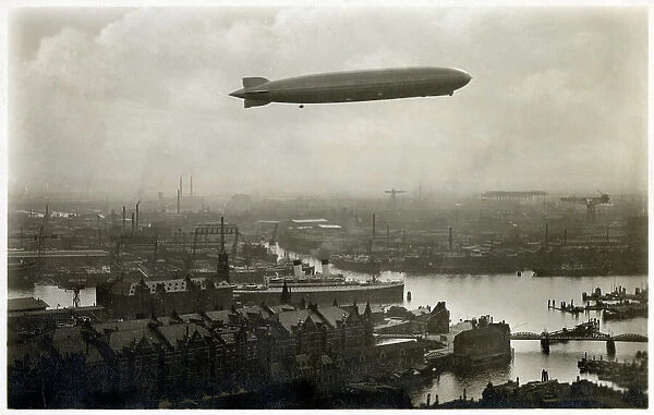 Graf Zeppelin flying over the Port of Hamburg, Germany