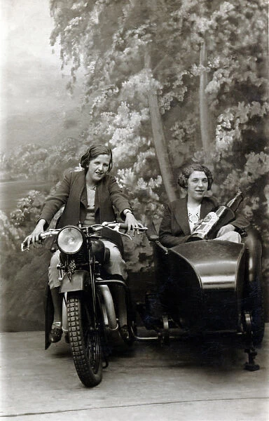Two ladies on a 1929 Coventry Eagle motorcycle & sidecar