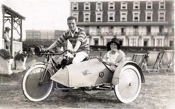 Man& woman on a 1920 New Gerrard motorcycle & sidecar