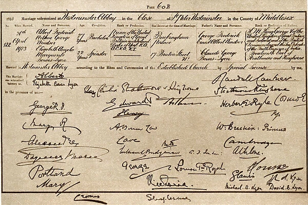 Prince Albert and Elizabeth Bowes Lyon, Marriage Certificate