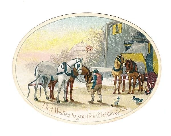 Stagecoach at a wayside inn on an oval Christmas card