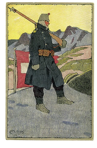 A uniformed & armed Swiss soldier stands on guard