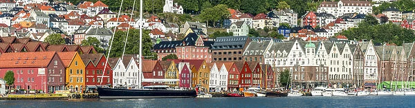 Panoramic of the multi coloured facades of buildings in Bryggen, UNESCO World Heritage