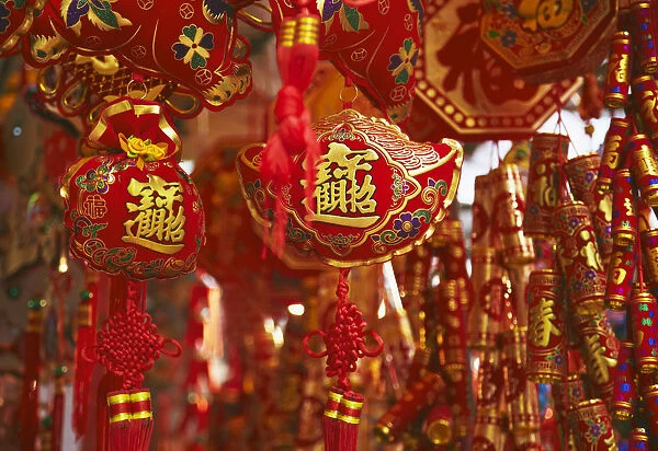 Chinese New Year decorations at market, Wan Chai, Hong Kong, China