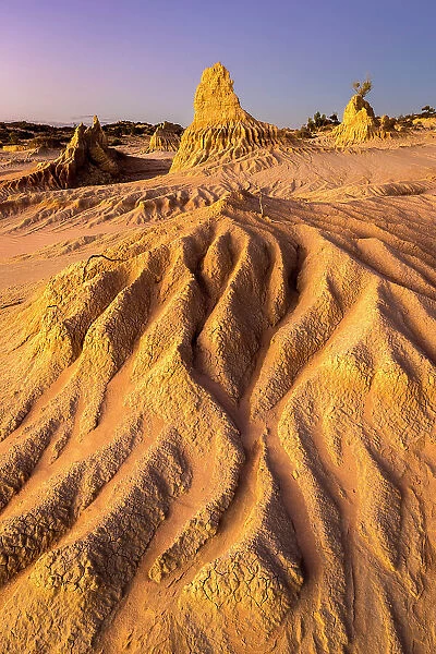 Eroded landscape known as the Walls of China in Lake Mungo at dusk, Mungo National Park, New South Wales, Australia