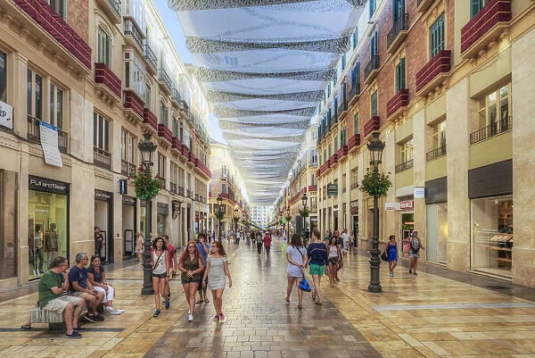 Shopping street in the old town, Malaga, Costa del Sol, Andalusia, Spain