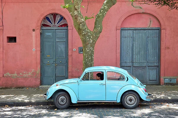 A Volkswagen Beetle vintage car in a street of the Colonia del Sacramento historical cask, Uruguay. Colonia was declared UNESCO World Heritage Site in 1995