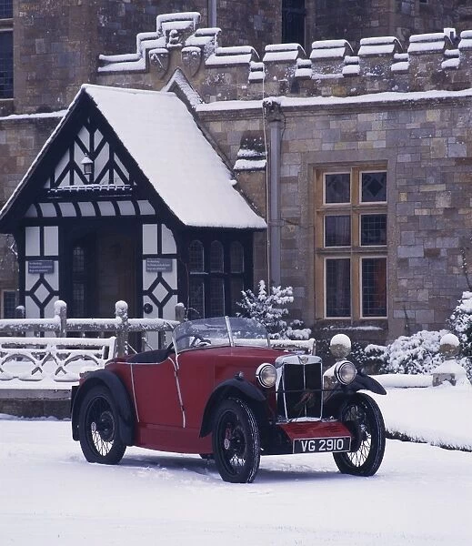 1930 MG M type in snow at Palace House, Beaulieu