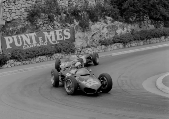 Framed Print : Ferrari 156 Sharknose, Phil Hill leads Richie Ginther through hairpin, 1961 Monaco