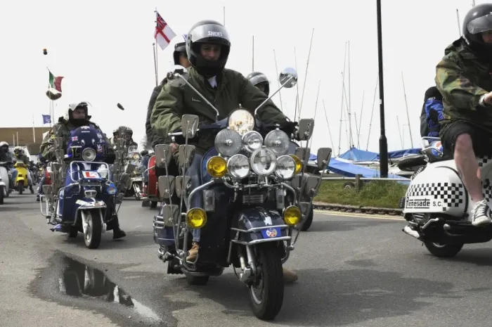 Framed Print : Group of Mods on their Scooters at Mudeford 2008 Framed Print : Group of Mods on their Scooters at Mudeford 2008