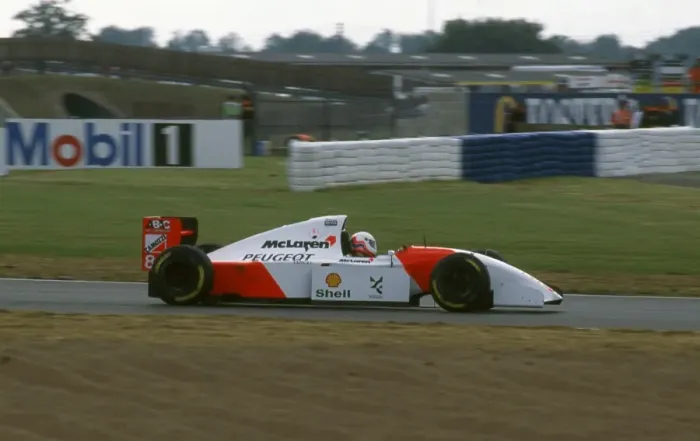Framed Print : McLaren Peugeot MP4-9, Martin Brundle tyre testing at Silverstone 1994 Framed Print : McLaren Peugeot MP4-9, Martin Brundle tyre testing at Silverstone 1994