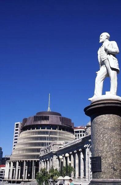 New Zealand, John Balance Statue, Parliament Buildings and The Beehive, Wellington