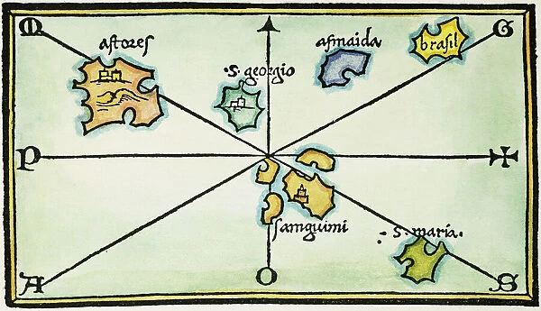 AZORES, 1528. Map of the Azores Islands. Woodcut from Benedetto Bordones Isolario