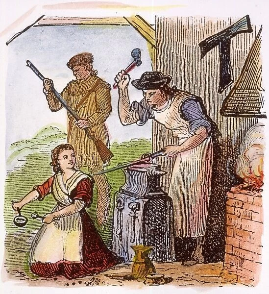 A colonial American blacksmith forges weapons at the outbreak of the Revoutionary War. Wood engraving, American, 19th century