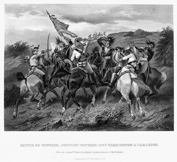 The conflict between British Colonel Banastre Tarleton and Colonel William Washington at the Battle of Cowpens, South Carolina, during the American Revolution, 17 January 1781. Steel engraving, 1858
