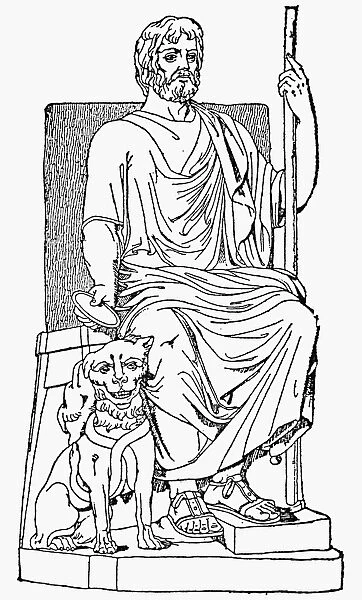 HADES  /  PLUTO. The Greek  /  Roman god of the underworld wih his dog Cerberus. Line engraving, 19th century
