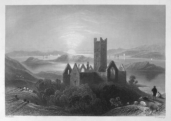 IRELAND: ROSSERK ABBEY. View of the ruins of Rosserk Abbey, on the River Moy, County Mayo, Ireland. Steel engraving, English, c1840, after William Henry Bartlett