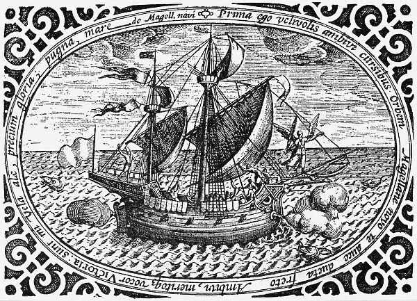 MAGELLANs VITTORIA, 1522. The Vittoria, the only one of Ferdinand Magellans five ships that survived to complete the first circumnavigation of the globe, 1522. Line engraving, 16th century