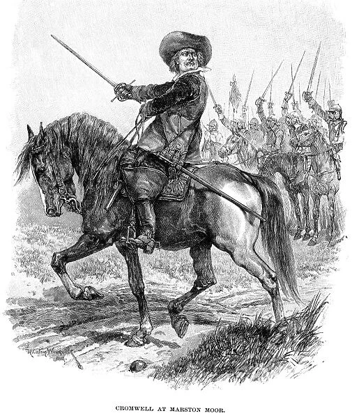 OLIVER CROMWELL (1599-1658). English soldier and statesman. Cromwell leading Parliamentary forces into battle at Marston Moor, 2 July 1644. Wood engraving, late 19th century, after Richard Caton Woodville