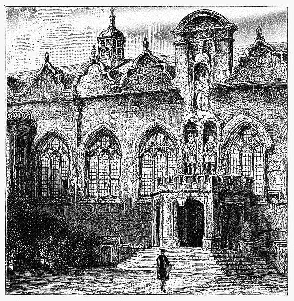 OXFORD: ORIEL COLLEGE. View of Oriel College on the campus of Oxford University, Oxford, England. Wood engraving, English, c1885