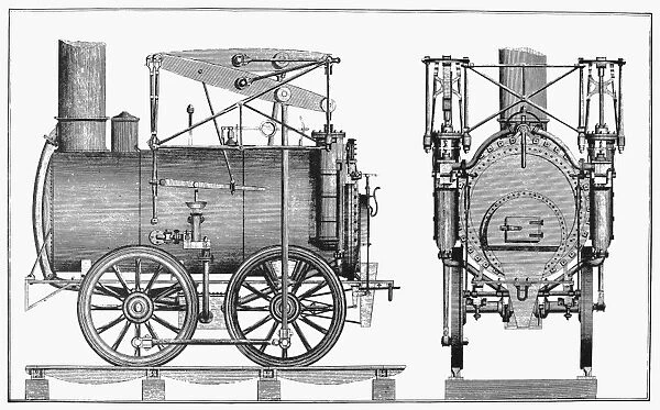 Schematic view of the Stourbridge Lion, the first commercial locomotive in North America, imported from England by the Delaware & Hudson Canal Company in 1829 for use in northeastern Pennsylvania. Line engraving, American, 1830