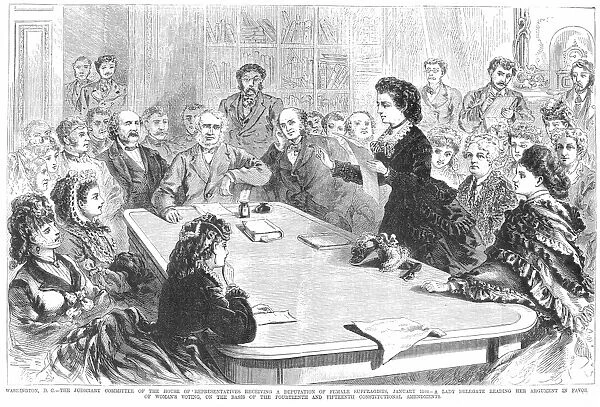 VICTORIA CLAFLIN WOODHULL (1838-1927). American reformer. Victoria Claflin Woodhull reading her argument in favor of womens suffrage before the Judiciary Committee of the House of Representatives in 1871. Directly behind Mrs. Woodhull is Elizabeth Cady Stanton and at the extreme left is Susan B. Anthony