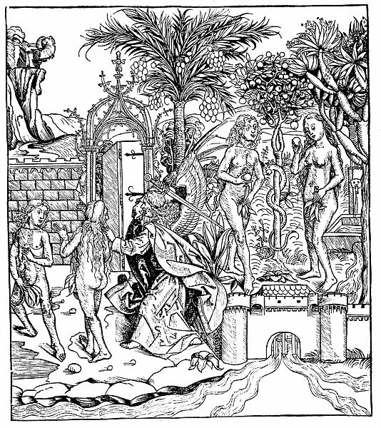 Adam and Eve, tempted by the Serpent, eat from the Tree of Knowledge and are expelled