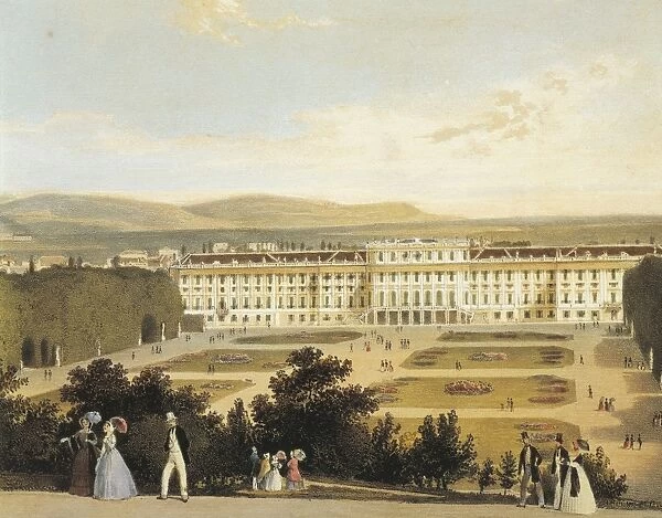 Austria, Vienna, view of Schonbrunn Palace (Schloss Schonbrunn) Habsburg Imperial residence, colored print