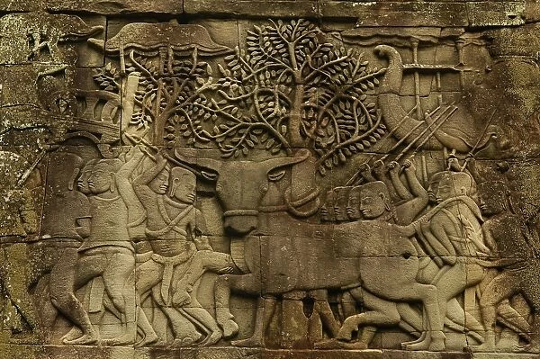 Detail of Bas-Relief Sculpture on Bayon Temple at Angkor Thom