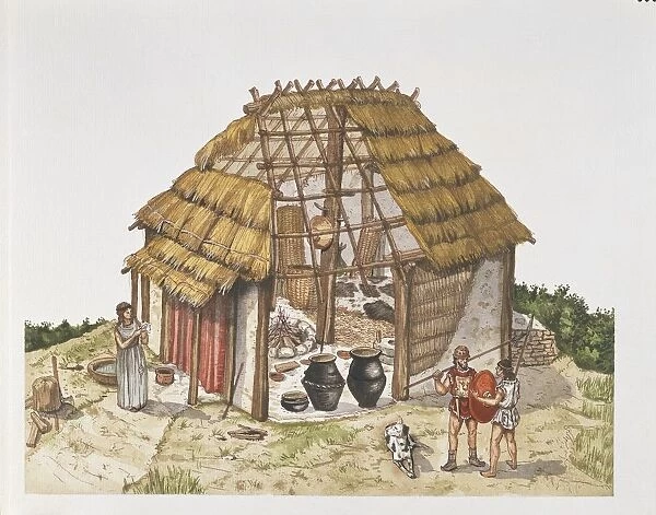 Cutaway drawing representing reconstruction of dwelling hut, 7th century BC, Roman civilization, Italy