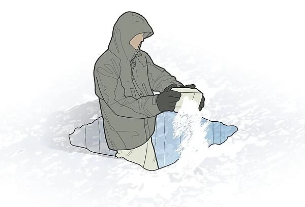 Digital illustration of man standing in fighter trench emptying snow from mess tin