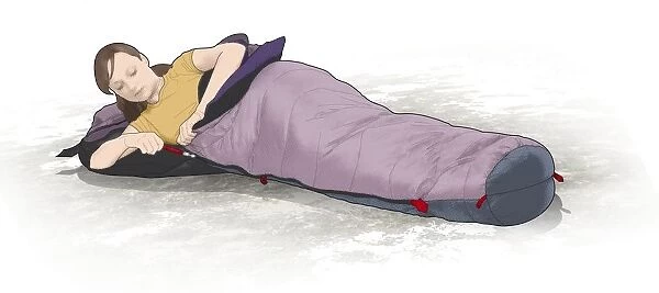 Digital illustration of woman zipping herself inside lightweight sleeping bag