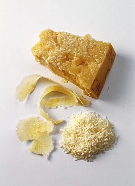 Parmesan cheese, including block, shavings and grated, close-up