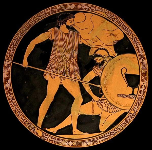 Poseidon fighting Polybotes. Tondo of an Attic red-figure kylix, ca. 475-470 BC. Found in Vulci