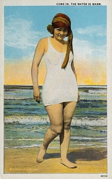 Postcard of Woman on Beach in White Bathing Suit. ca. 1921, Postcard of Woman on Beach in White Bathing Suit