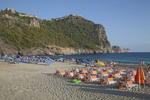 Turkey, Alanya, Cleopatra Beach, View of beach with sun loungers